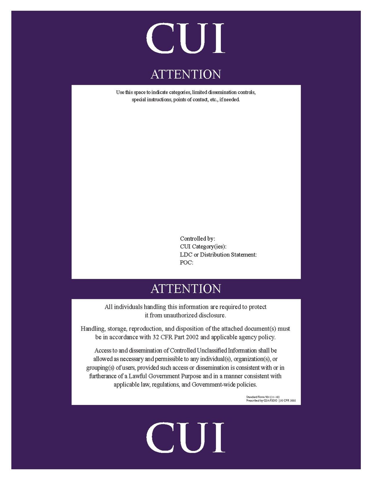 Purple Standard Form 901 CUI coversheet with blank instruction fields and a notice to protect attached information